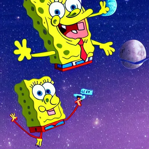 Prompt: spongebob hanging out in space with his friend patrick starr