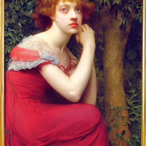 Image similar to portrait en buste of amanda seyfried in an edwardian dress by frederic william burton and frederic leighton, abundantly detailed, perfectly detailed eyes