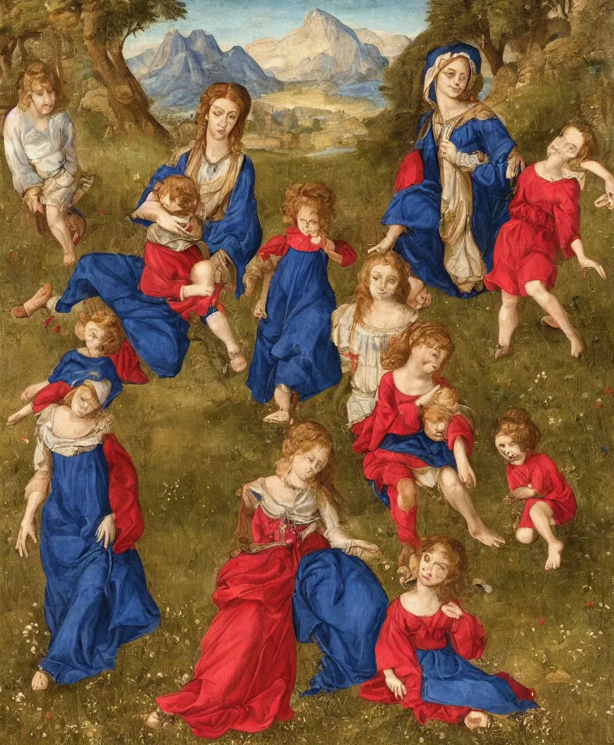 Prompt: Intricate Portrait of Madonna with blue skirt and a red shirt and two boys playing in the style of Raffael. The boys are very small and only clothed with blue linen. They are sitting in a dried out meadow. One boy is playing with a cross. She is holding the other one back. In the background, there is a lake with a town and mountains. Flat perspective.