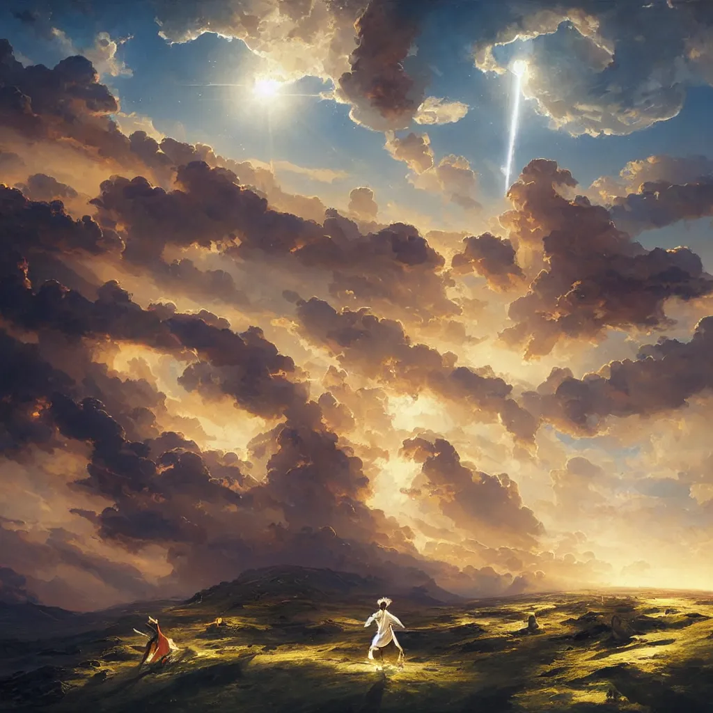 Image similar to a sending down [ of the revelation ] from him who created the earth and the lofty heavens, overdetailed art, by greg rutkowski, by rhads, sharp focus
