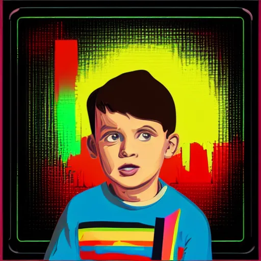 Prompt: a portrait of little boy in retro colors, synthwave style, 2 d digital vector art