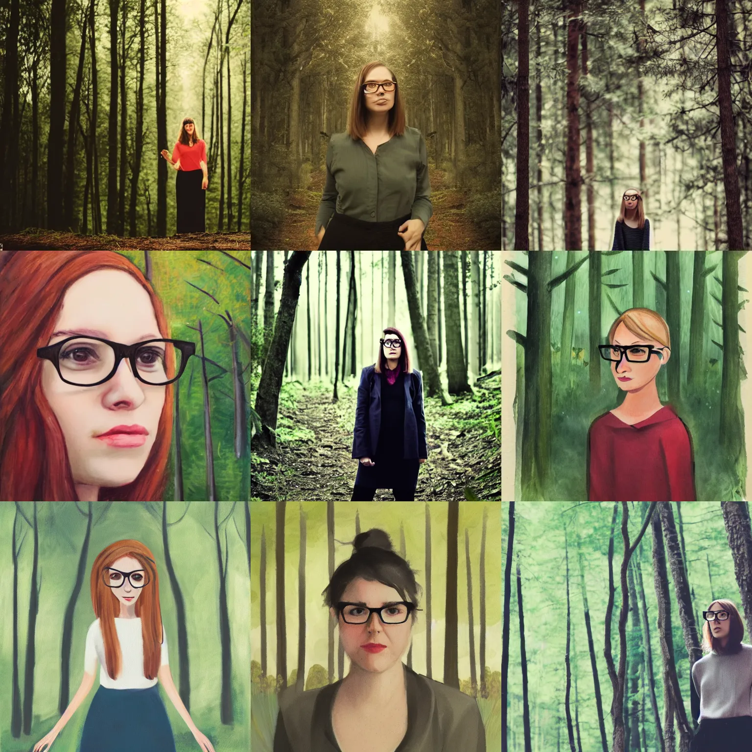 Prompt: a woman wearing glasses standing in front of a forest, a character portrait by zoe mozert, tumblr contest winner, barbizon school, contest winner, matte photo, # myportfolio