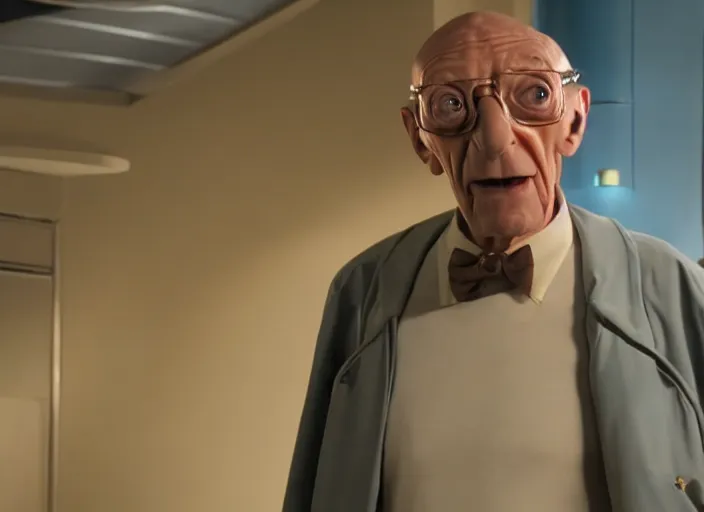 Image similar to film still of real life professor farnsworth in the futurama scifi movie, 4 k