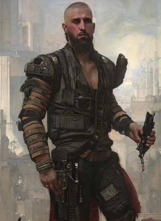 Image similar to clever Anders. cyberpunk mercenary with tattoos wearing a military vest and combat gear. (Cyberpunk 2077, bladerunner 2049). Iranian orientalist portrait by john william waterhouse and Edwin Longsden Long and Theodore Ralli and Nasreddine Dinet, oil on canvas. Cinematic, hyper realism, realistic proportions, dramatic lighting, high detail 4k