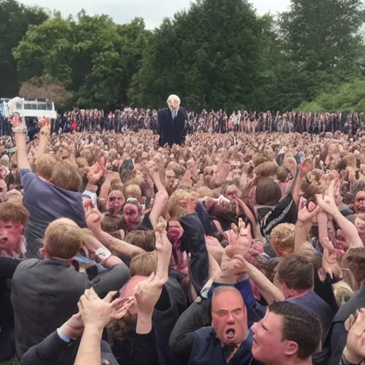 Image similar to several clones of boris johnson raving in a muddy mosh pit