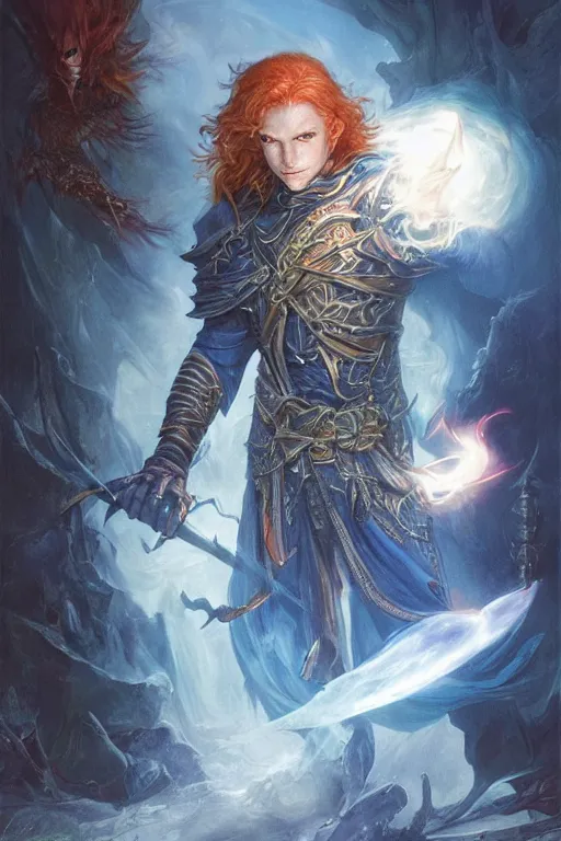 Image similar to young male redhead Spellcaster standing, holding a spell book glowing, D&D dark fantasy style, sharp focus, ultra detailed, art by Artgerm and Peter Andrew Jones, Karol Bak, Ayami Kojima, Amano and Olivier Ledroit