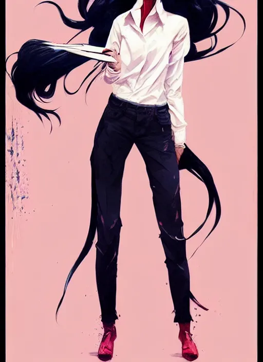 Image similar to a ultradetailed beautiful panting of a stylish woman wearing a shirt with a tie, she has black hair, dancing, by conrad roset, greg rutkowski and makoto shinkai, jesper ejsing, rhads, makoto shinkaitrending on artstation