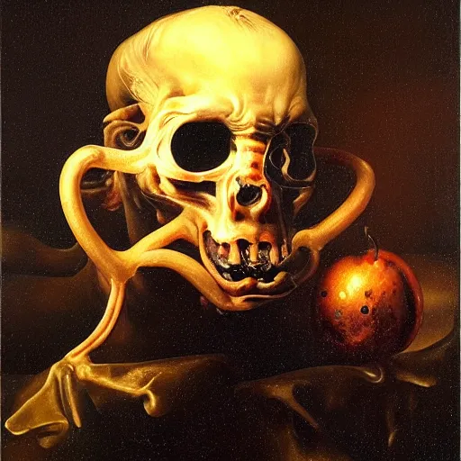 Image similar to refined gorgeous blended oil painting with black background by christian rex van minnen rachel ruysch dali todd schorr of a chiaroscuro portrait of an extremely bizarre disturbing mutated man with shiny skin acne dutch golden age vanitas intense chiaroscuro cast shadows obscuring features dramatic lighting perfect composition masterpiece