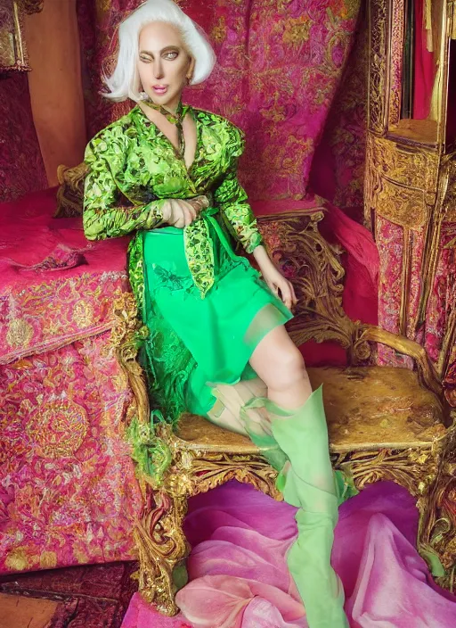 Image similar to portrait of lady gaga wearing green kebaya with pink silk belt and batik skirt, by charlotte grimm, natural light, detailed face, beautiful features, symmetrical, canon eos c 3 0 0, ƒ 1. 8, 3 5 mm, 8 k, medium - format print, half body shot