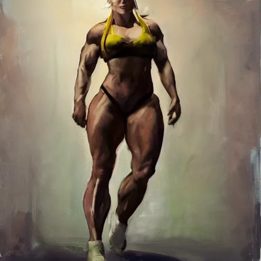 Image similar to greg manchess portrait of margot robbie as thick female bodybuilder zarya from overwatch in disco elysium, 9 6 9, epic grimdark, fantasy, medium shot, asymmetrical, profile picture, organic painting, sunny day, matte painting, bold shapes, hard edges, street art, trending on artstation, by huang guangjian and gil elvgren and sachin teng