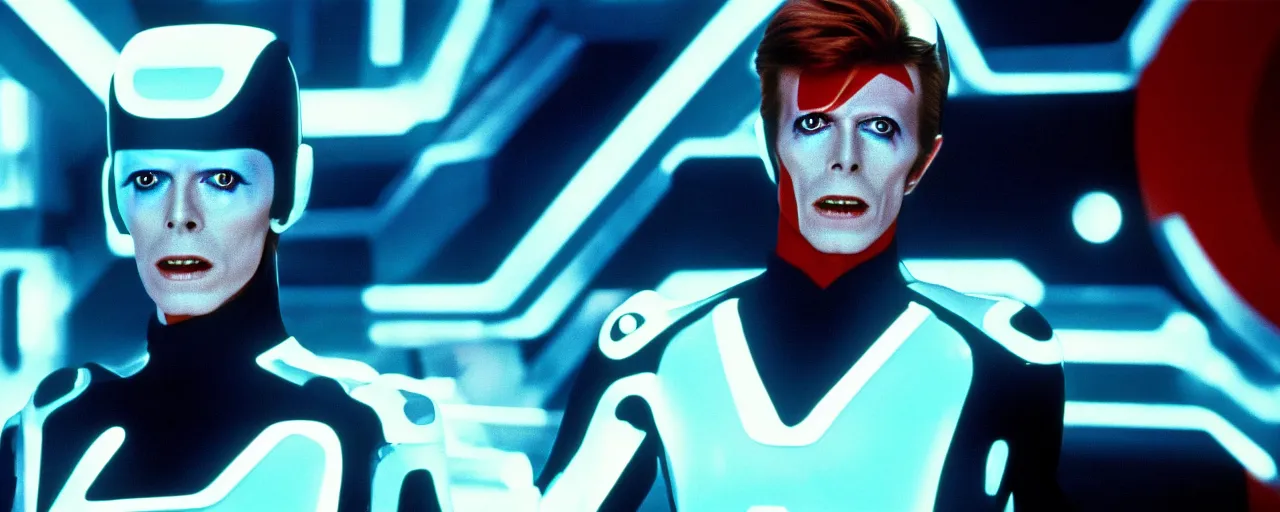 Image similar to a film still of david Bowie in tron high quality .