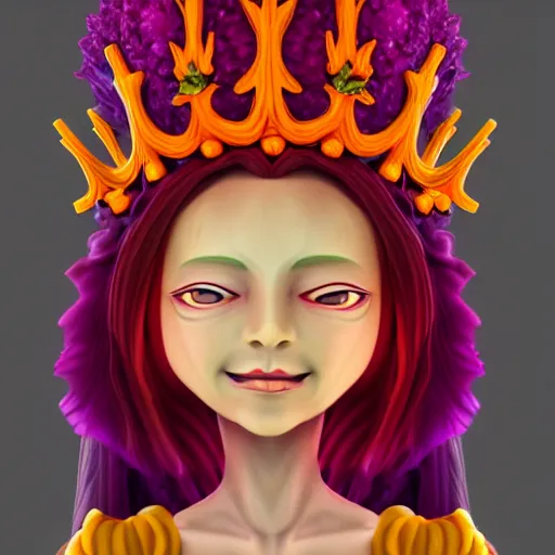 Prompt: cell shaded humanoid onion goddess, flower vine dress, crown, artstation, 4 k gorgeous, smiling, red hair regal, garlic scepter