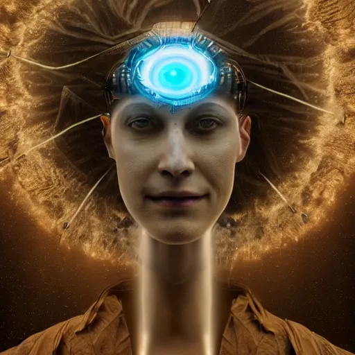 Prompt: westworld host as a third eye shaman with embossed hyphae cumulonimbus storm time machine tunnel thunder energy portal virtual reality brain to brain sensing interface communicating thoughts directly from one mind to another to mothership earth planet, hyperrealism, realistic photography, highly detailed, sharp focus, volumetric lighting, subsurface scattering skin