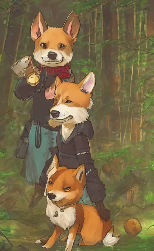 Image similar to stylized close up character portrait icon of the anthro anthropomorphic jindo dog trader head animal person fursona wearing clothes standing in the bright forest, hidari, color page, tankoban, 4 k, tone mapping, akihiko yoshida