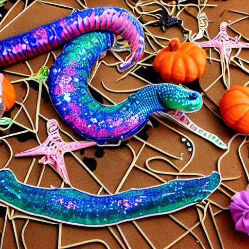 Prompt: stop motion bipedal halloween eel snake skeleton fantasy mermaid with a fish bone body, wearing a frilly mermaid skirt, on a handcrafted cardboard dock to look at the hand painted night sky full of glittery star stickers and glow in the dark star stickers over a shredded paper sea, adorable, side profile, macro camera lens