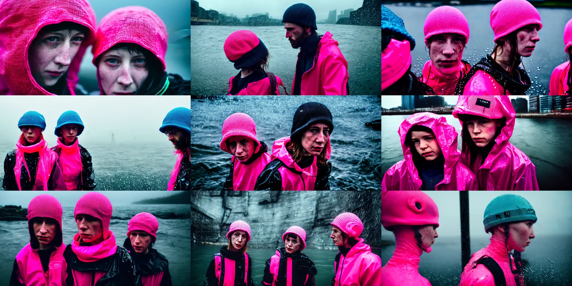 Prompt: cinestill 5 0 d candid photographic portrait by helen levitt of two cyborgs wearing rugged neon pink mesh techwear and bobble hats in treacherous waters, extreme closeup, modern cyberpunk moody depressing cinematic, pouring rain, 8 k, hd, high resolution, 3 5 mm, f / 3 2, ultra realistic faces, ex machina