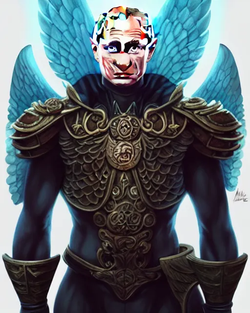 Image similar to 3 / 4 view of vladimir putin with wings, confident pose, pixie character, video game genshin impact, cell shaded anime intricate, elegant, sharp focus, illustration, highly detailed, concept art, matte, magali villeneuve, artgerm, anime, trending on artstation