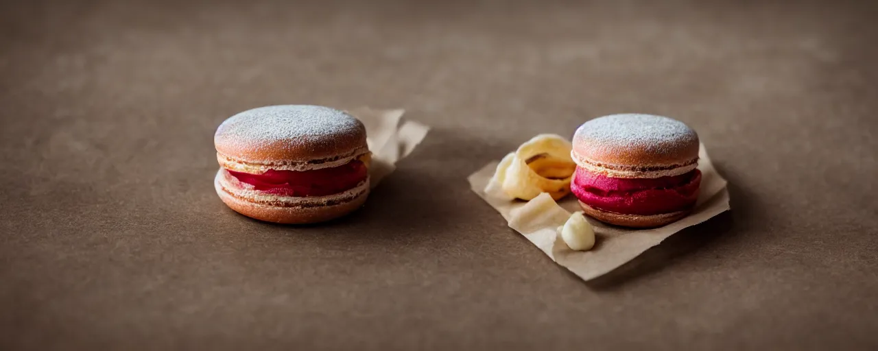 Prompt: macrons from a high class bakery, depth of field, food photography, isometric, tasty, wide shot, studio, bokeh, gmaster, cooking, food, kodak, sony, canon