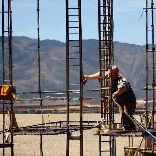 Image similar to man bear rigging a stage on a scaffold