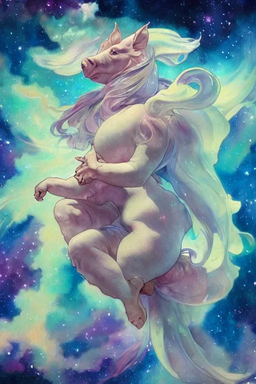 Image similar to a flying pig in a beautiful nebula, water color, art by artgerm and greg rutkowski and alphonse mucha and jin xiaodi and anthony devine