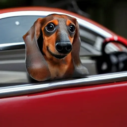 Prompt: dachshund driving a Porsche