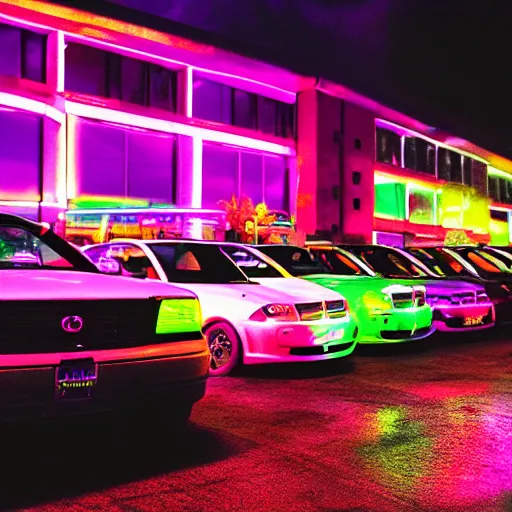 Image similar to a neon lit car meetup in a parking lot at nigh time in August, photorealistic