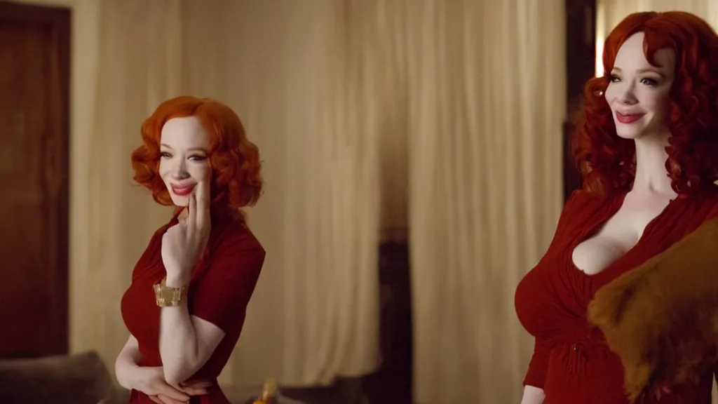 Image similar to a very happy beautiful Christina Hendricks in the living room, film still from the movie directed by Denis Villeneuve with art direction by Salvador Dalí, wide lens