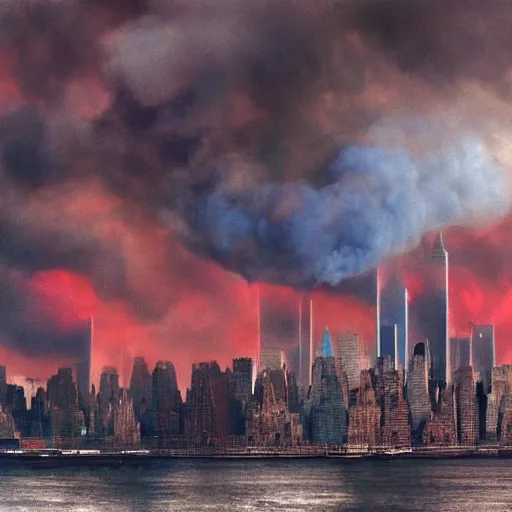 Image similar to dystopian, destroyed new york city, real, blue sky, smoke, red clouds, detailed, award winning, masterpiece, photograph, cinematic, hyperrealism