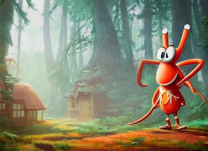 Prompt: a cartoonish cute anthropomorphic Mr Krabs is near a house made of only straws in a mystical forest full of wonders, pine trees, magical atmosphere, trending on artstation, 30mm, by Noah Bradley trending on ArtStation, deviantart, high detail, stylized portrait H 704