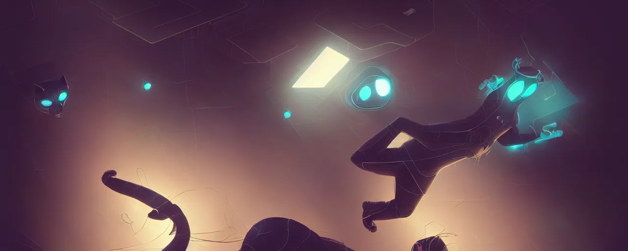 Image similar to duotone noir scifi concept illustration of black cat inside box zero gravity glowing 3 d mesh quantum portals, glowing eyes, octane render, surreal atmosphere, volumentric lighting. accidental renaissance. by sachin teng and sergey kolesov and ruan jia and heng z. graffiti art, scifi, fantasy, hyper detailed. trending on artstation