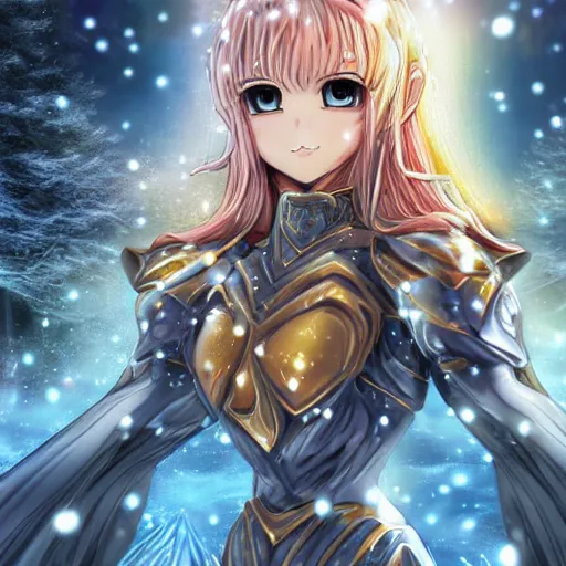 Image similar to portrait focus of knight beautiful 3D anime girl, golden armor wearing, dark forest background, snowing, bokeh, inspired by Masami Kurumada, digital painting, high contrast, unreal engine render, volumetric lighting, high détail