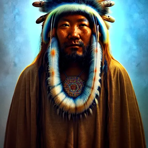 Image similar to a beautiful surreal illustration of an inuit shaman, highly detailed, liquid oilpaint, doug chiang, gustave dore, leonardo da vinci, trending on artstation, industry, lucid and intricate, rectilinear, digital art, octane, redshift, vray, 8 k, 6 4 megapixels, zbrush central, behance hd, hypermaximalist, well rendered