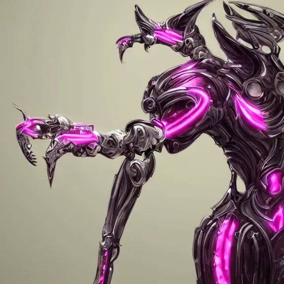 Prompt: highly detailed exquisite fanart, of a beautiful female warframe, but as an anthropomorphic elegant robot female dragon, shiny and smooth off-white plated armor engraved, robot dragon head with glowing eyes, Fuchsia skin beneath the armor, sharp claws, long sleek tail behind, robot dragon hands and feet, standing elegant pose, close-up shot, full body shot, epic cinematic shot, professional digital art, high end digital art, singular, realistic, DeviantArt, artstation, Furaffinity, 8k HD render, epic lighting, depth of field