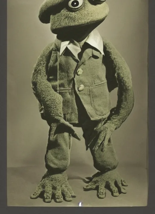 Image similar to grainy 1940’s WWII military portrait of an anthropomorphic frog muppet dressed like a soldier, professional portrait HD, frog, frog head, authentic, Kermit, muppet