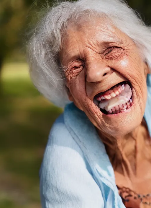 Image similar to old lady smiling remembering her youth, portrait, close up, IMAX, 8k