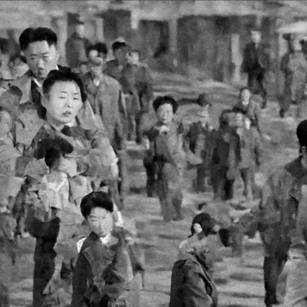 Prompt: low resolution filmstill of a north Korean thriller in the style of Akira Kurosawa, Fritz Lang, Jeff Wall