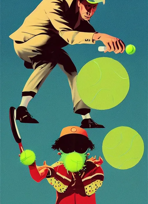 Image similar to tennis ball monsters, poster artwork by Michael Whelan and Tomer Hanuka, Karol Bak Major Buster Keaton , clean