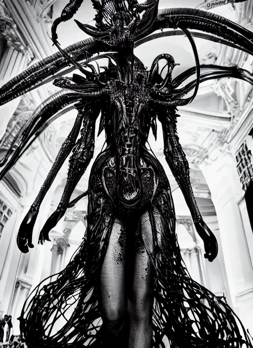 Image similar to walking down the catwalk, ben watts, show, stage, vogue photo, podium, fashion show photo, historical baroque dress dark, iris van herpen, beautiful woman, masterpiece, intricate, biopunk, vogue, full body shot, alien, plant predator, guyver, jellyfish, white biomechanical details, highly detailed