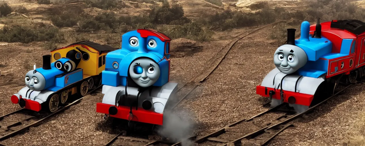 Prompt: thomas the tank engine mad max style, film still, epic shot cinematography, rule of thirds