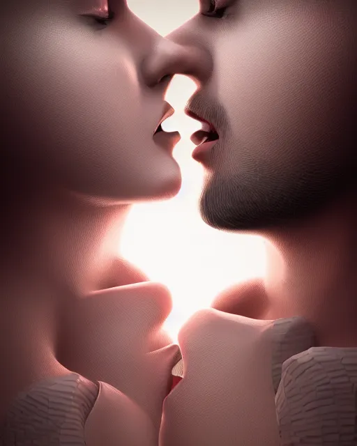 Prompt: 3 d render of kissing couple by luis toledo and alex grey and beeple, neosurrealism. digital art, pixel art, concept art, octane render, trending on cgsociety, trending on artstation