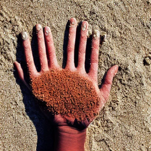 Image similar to a hand holding a face made of sand, color photo, 8 5 mm high depth of field, warm color palette