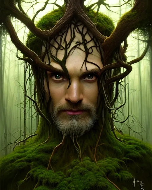 Prompt: symmetry portrait of moss king of ent of fangorn forest, glam, fae, fireflies, forest background, intricate, elegant, highly detailed, digital painting, artstation, concept art, smooth, sharp focus, illustration, darkness, art by artgerm and greg rutkowski and fra angelico and alphons mucha