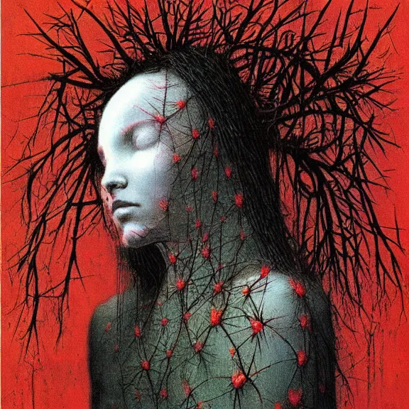 Image similar to crow girl in thorns by Beksinski