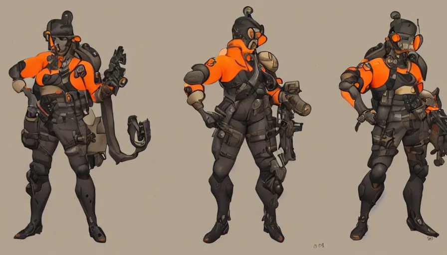 Prompt: Concept art for new overwatch character: Sabotuer, French Special Ops, Skinny, Spy, Uses C4, Roguish, and Hand Grenades, No Guns, Dark Humor, Male, Rugged, Dagger, Contra, Fast, Black and Orange