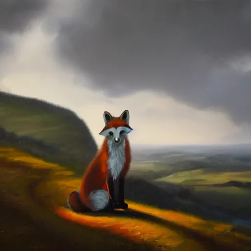 Image similar to oil painting of an anthropomorphic fox in a robe overlooking a village in the moor, dramatic lighting, overcast weather, highlands, fox in a robe