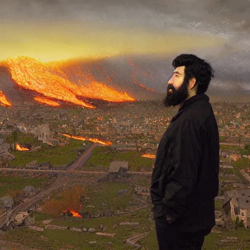 Prompt: a man with black hair and beard, wearing a black jacket and jeans, looking at a burning village in the distance, highly detailed painting by donato giancola and bayard wu, 8 k, digital art