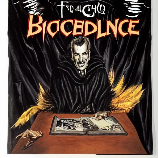 Prompt: vincent price as billionaire howard hughes in long black feathered cloak, black hands tipped with black claws, feathers growing out of skin, at opulent desk, comic book cover, vivid, mike mignogna, illustration, highly detailed, rough paper, dark, oil painting