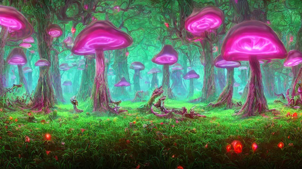 Prompt: 8k, acid trip, hall of mirrors, ultra detailed, a hyperrealistic image of a mycelium forest with neon glowing mushrooms, with magical creatures, in the style of Pokémon red, trending on patreon, artstation, deviantart. Unreal engine