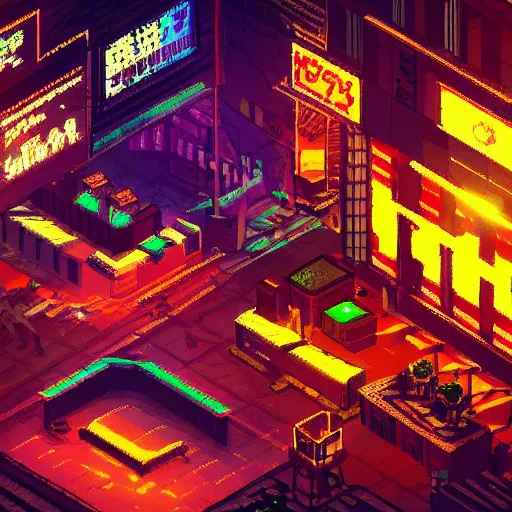 Image similar to fantastic lighting, pixel art, high detail , 16 bits, cyberpunk market, 2d