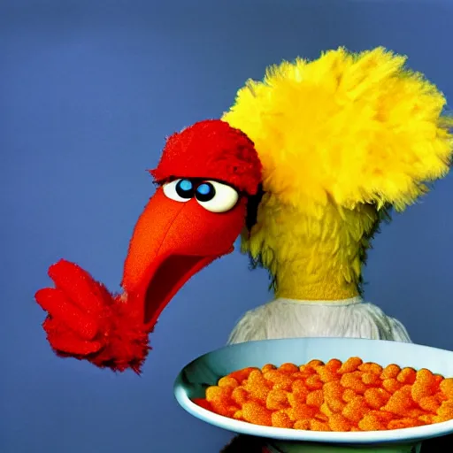 Prompt: Big Bird from Sesame Street eating a bowl of SpaghettiOs